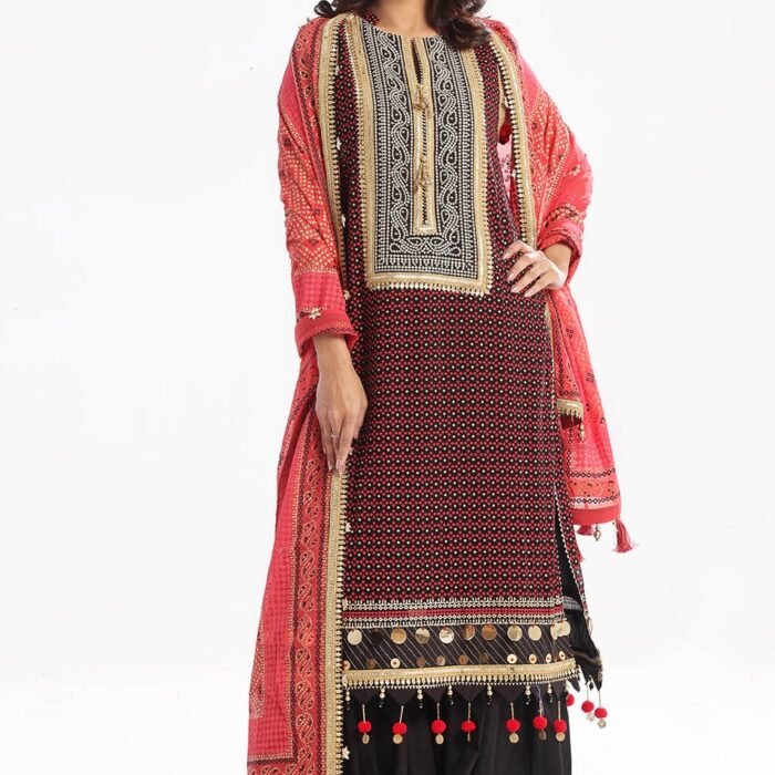 3 Piece Unstitched Embroidered Chiffon Suit with Gold Lacquer Embroidered Printed Chiffon Dupatta BM-52017