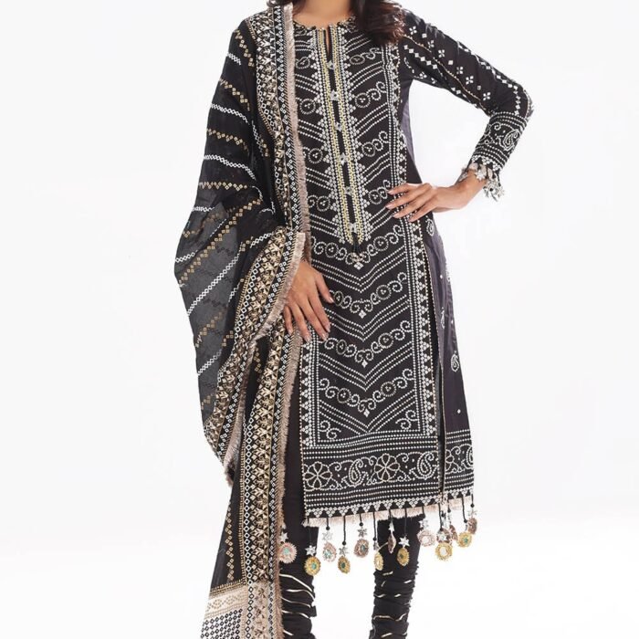 3 Piece Unstitched Zari Embroidered Lawn Suit with Gold Lacquer Printed Lawn Dupatta  CL-52407