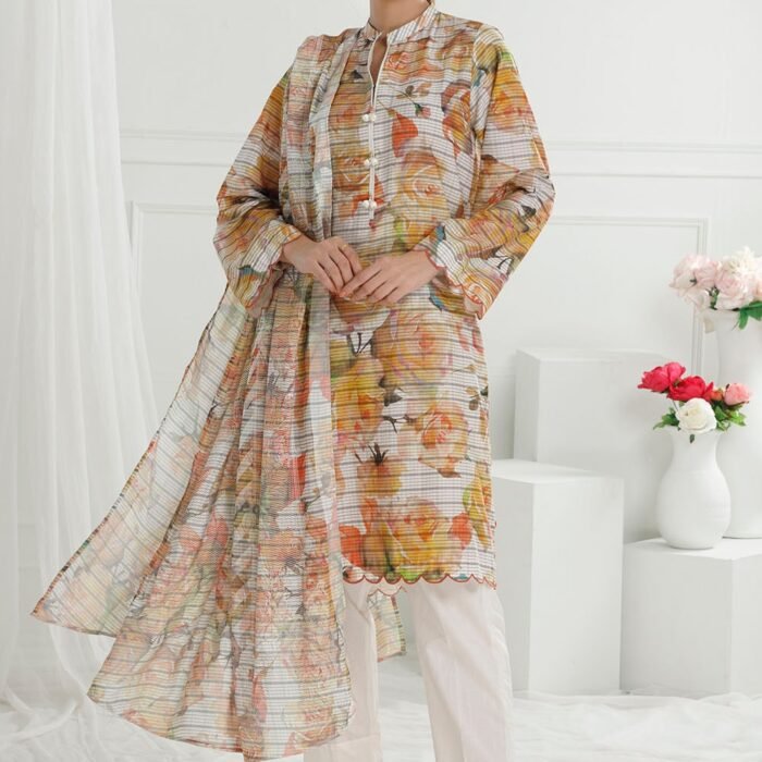 3 Piece Unstitched Cotton Silk Suit with Printed Burnout Blend Dupatta CS-52003