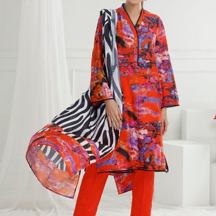 3 Piece Unstitched Printed Cotton Silk Suit with Printed Chiffon Dupatta CS-52004