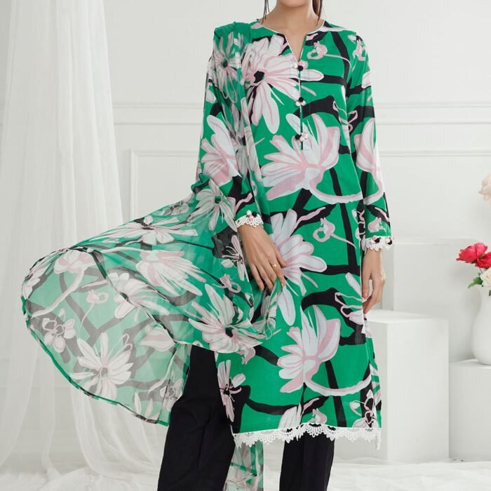 3 Piece Unstitched Printed Lawn Suit with Printed Pure Silk Chiffon Dupatta C-52004