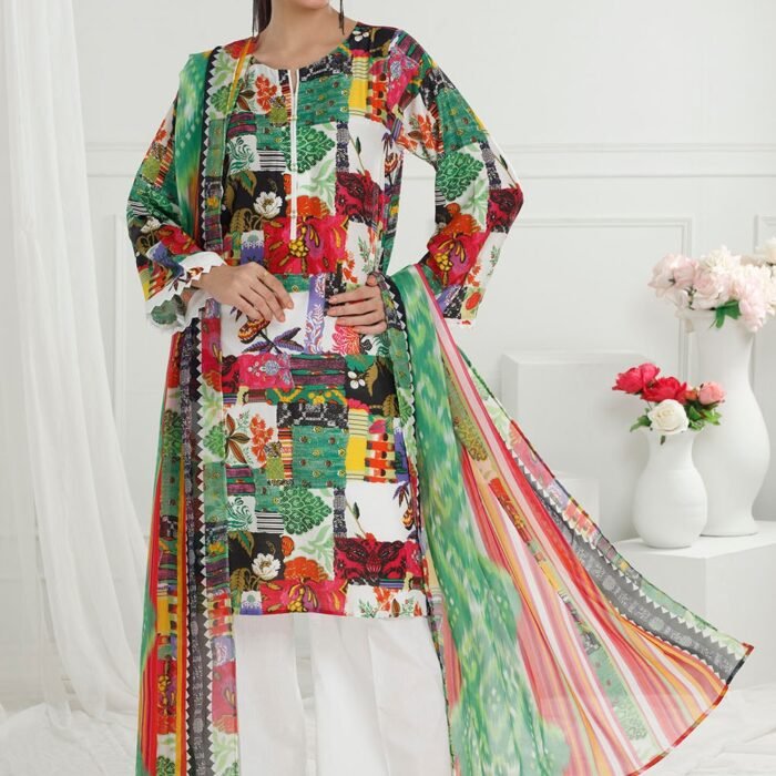 3 Piece Unstitched Printed Pure Bamboo Silk Suit with Printed Chiffon Dupatta BS-52004