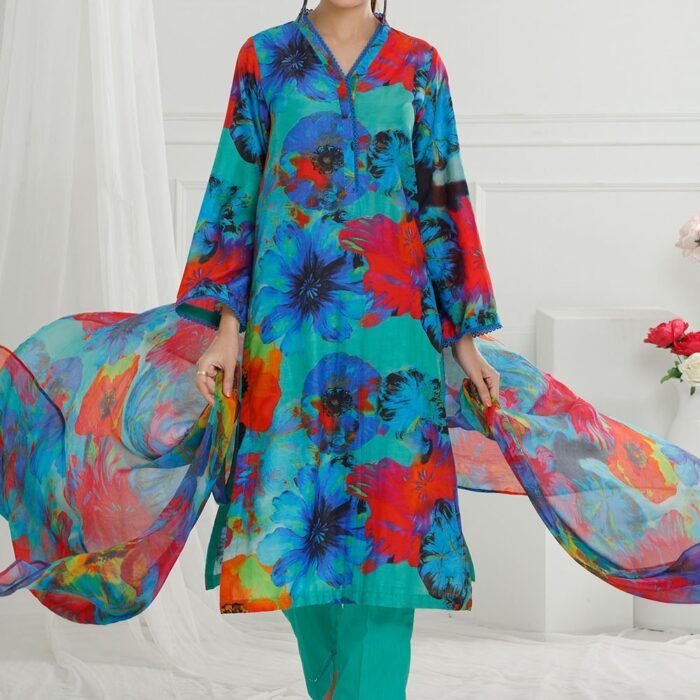 3 Piece Unstitched Printed Cotton Silk Suit with Printed Chiffon Dupatta CS-52002