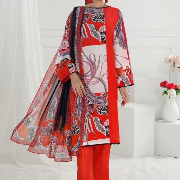 3 Piece Unstitched Printed Cotton Silk Suit with Printed Chiffon Dupatta CS-52006