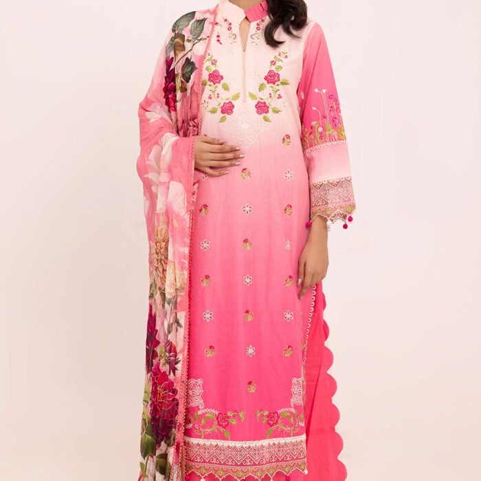 3 Piece Unstitched Embroidered Lawn Suit with Printed Chiffon Dupatta BM-52029