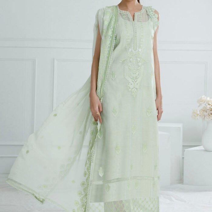 3 Piece Unstitched Embroidered Paper Cotton Suit with Embroidered Chiffon Dupatta PM-52030