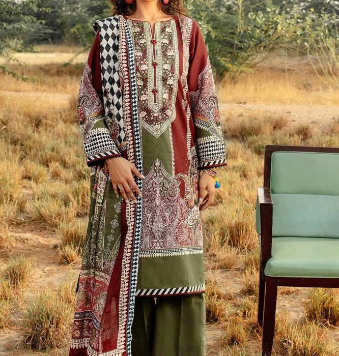 3 Piece Digital Printed Corduroy Unstitched Suit with Digital Printed Cotton Net Dupatta CD-32002