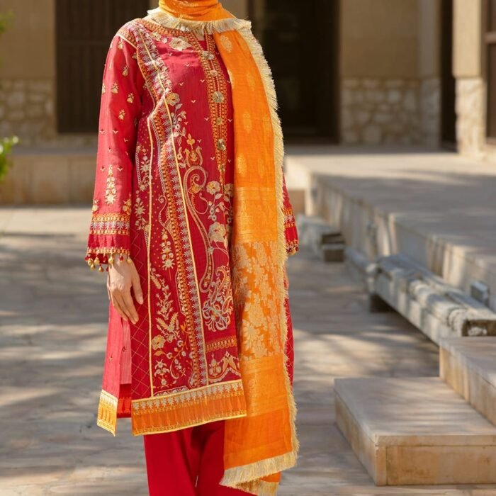 3 Piece Embroidered Paper Cotton Unstitched Suit with Jacquard Dupatta FE-42056