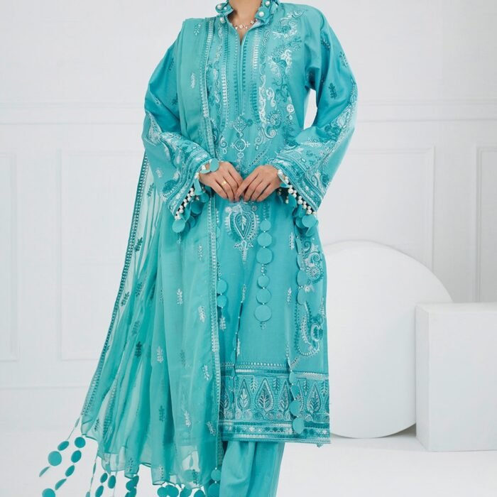 3 Piece Unstitched Embroidered Lawn Suit with Embroidered Chiffon Dupatta FE-52109