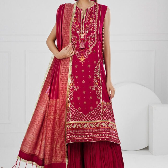 3 Piece Unstitched Embroidered Raw Silk Suit with Jacquard Dupatta FE-52124