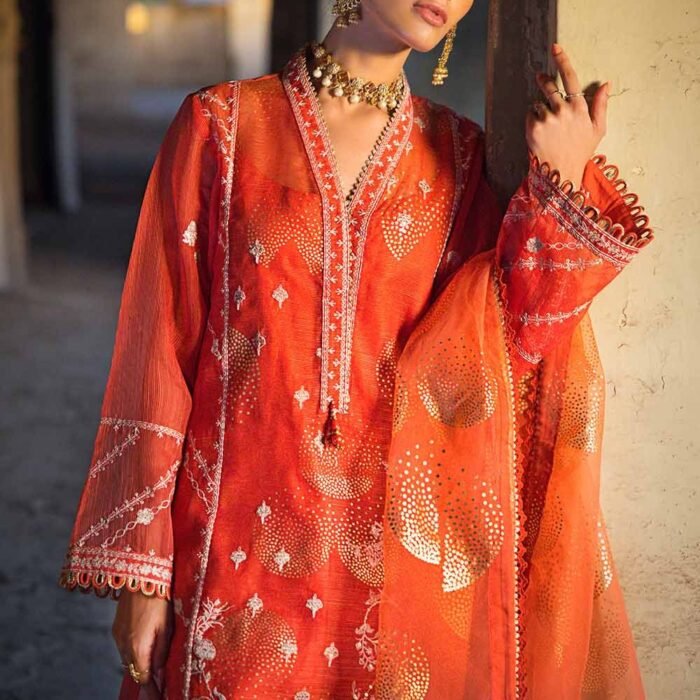 3 Piece Embroidered Foil Printed Nylon Unstitched Suit with Foil Printed Organza Dupatta FE-32110