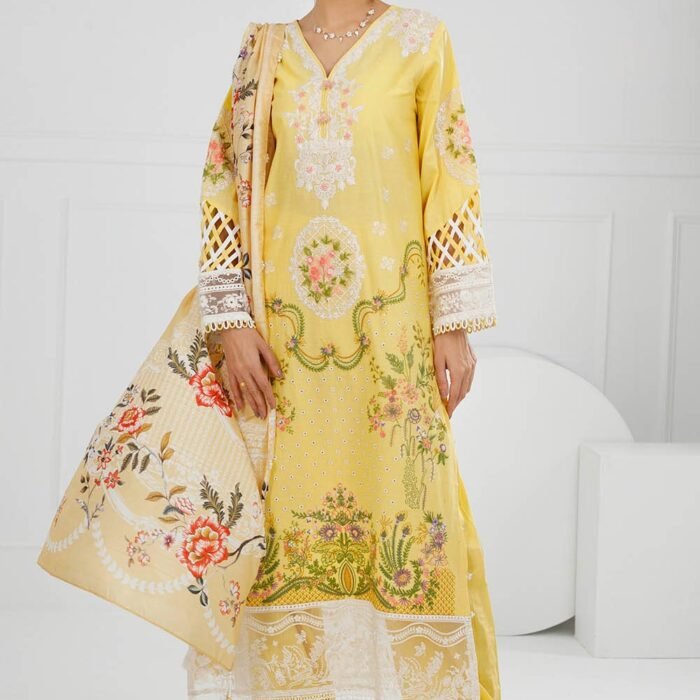 3 Piece Unstitched Embroidered Lawn Suit with Printed Tussar Silk Dupatta SP-52049