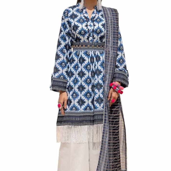 3 Piece Unstitched Printed Lawn Suit with Zari Stripe Dupatta ST-42004